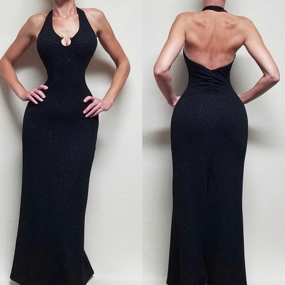 Vintage 80s Finesse Black Silver Metallic Horseshoe Backless Halter Maxi Dress M - Picture 1 of 15